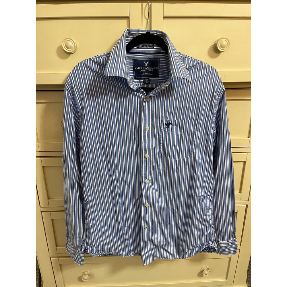 American Eagle Men's Striped Vintage Fit Large Long Sleeve Blue‎ & White